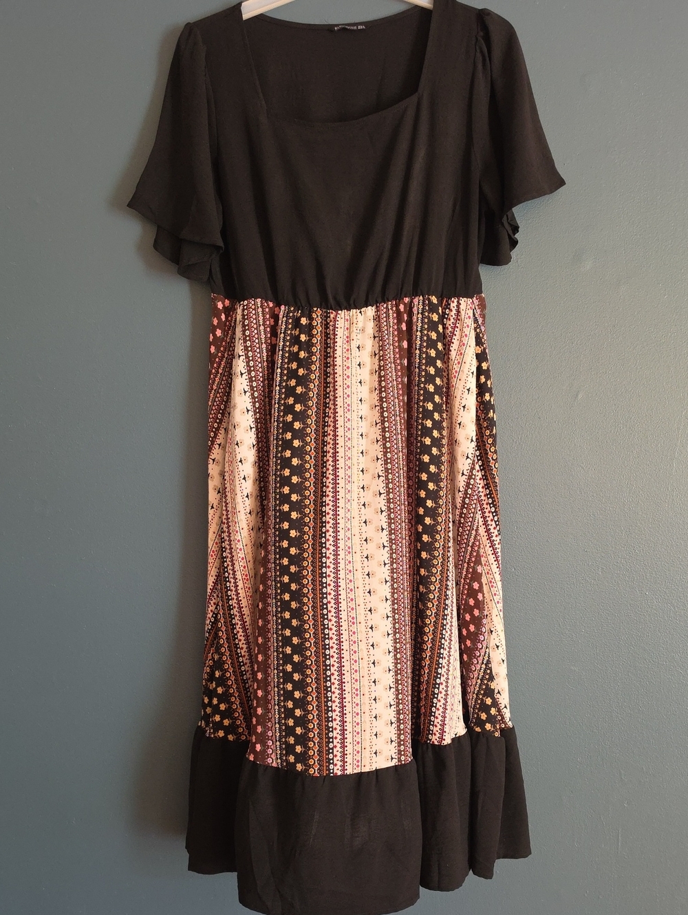 BloomChic Black Midi Dress with Multicolor Striped Panel